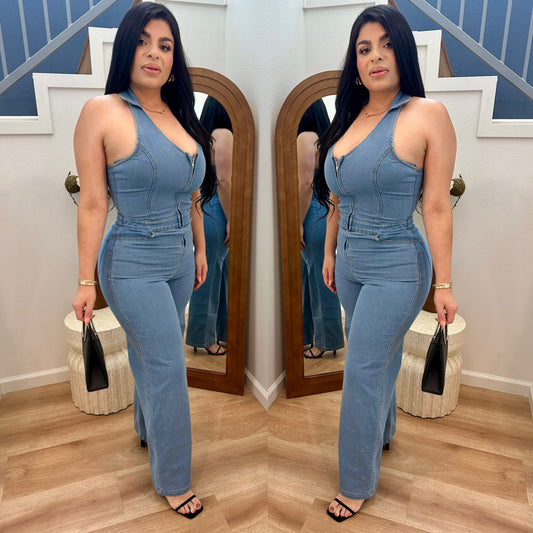 Collard Halter Jumpsuit w/Back Open